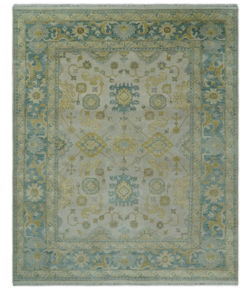 Antique look 8x10 Ivory, Emerald Green and Beige Hand Knotted Oushak Area Rug | TRDCP1196810