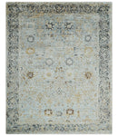 Antique look Aqua, Gold and Charcoal Hand Knotted Carved Texture Traditional Oriental Oushak 8x10 wool Area Rug
