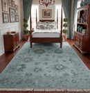Bluish Gray Oushak Wool Area Rug - Hand Knotted Turkish Antique