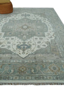 Antique look Gray, Ivory and Silver Hand knotted Traditional Heriz Medallion 8x10 wool Area Rug