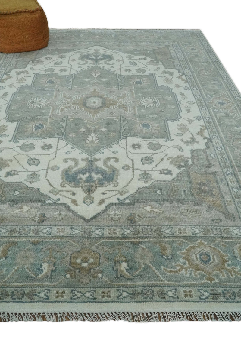 Antique look Gray, Ivory and Silver Hand knotted Traditional Heriz Medallion 8x10 wool Area Rug