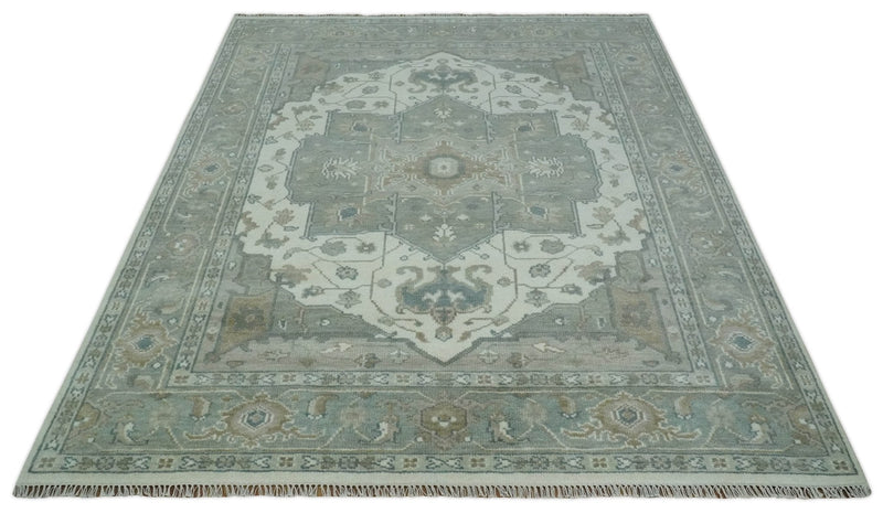 Antique look Gray, Ivory and Silver Hand knotted Traditional Heriz Medallion 8x10 wool Area Rug