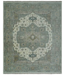 Antique look Gray, Ivory and Silver Hand knotted Traditional Heriz Medallion 8x10 wool Area Rug