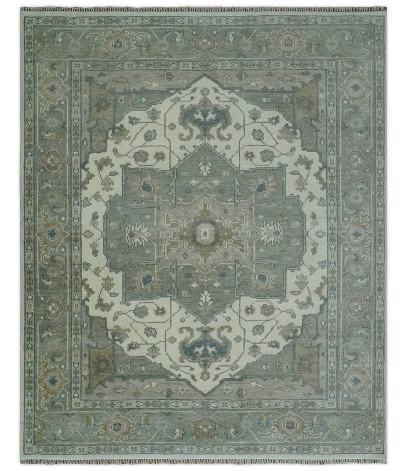 Antique look Gray, Ivory and Silver Hand knotted Traditional Heriz Medallion 8x10 wool Area Rug