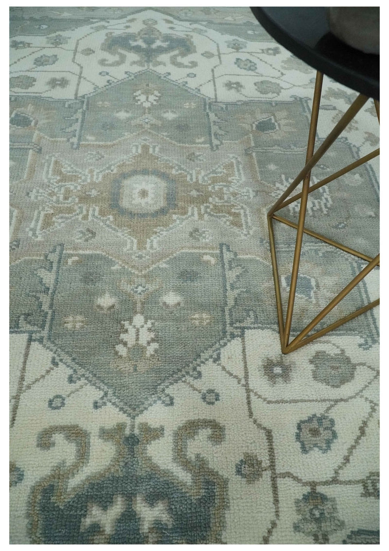 Antique look Gray, Ivory and Silver Hand knotted Traditional Heriz Medallion 8x10 wool Area Rug