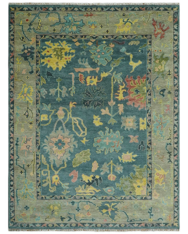 Teal and Olive Hand Knotted Oushak Wool Area Rug - Antique Look Traditional Style