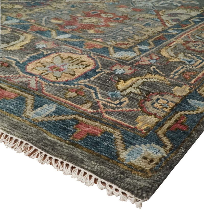 Antique Moss All Wool Traditional Oushak Charcoal, Brown and Blue Hand knotted Custom Made wool Area Rug