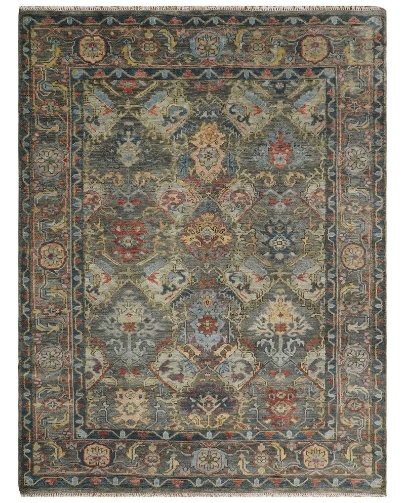 Antique Moss All Wool Traditional Oushak Charcoal, Brown and Blue Hand knotted Custom Made wool Area Rug