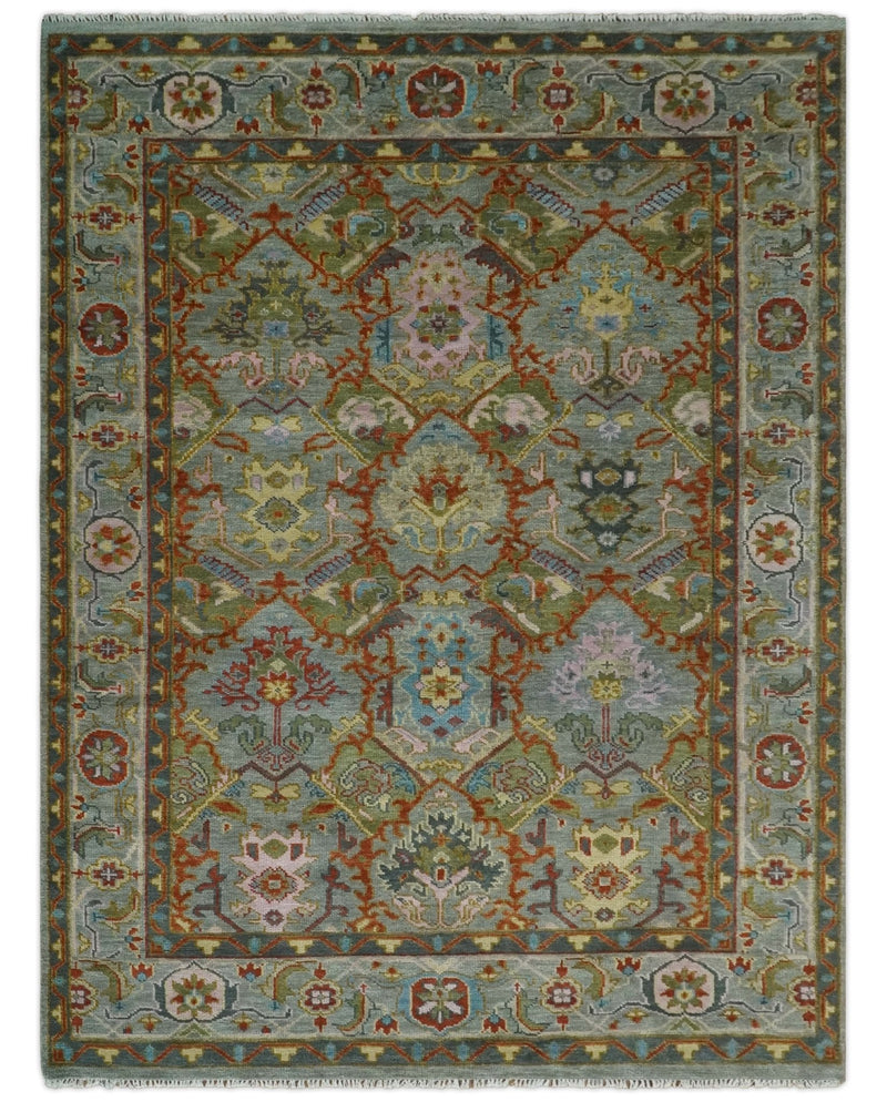 Antique Moss All Wool Traditional Persian Silver, Rust and Green Hand knotted Oushak Area Rug | TRDCP718