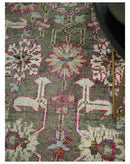 Antique Moss Green 5x8 Hand Knotted Beige and Pink Persian made of Bamboo Silk Area Rug | OP70