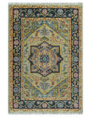 Antique Moss Green and Pink Traditional Multi Size Wool Area Rug