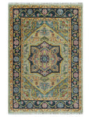 Hand Knotted Wool Area Rug Moss Green Pink Blue Charcoal Traditional by The Rug Decor
