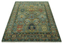 Antique Moss Green Silver and Teal Traditional Oushak Hand knotted Custom Made wool Area Rug