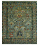 Antique Moss Green Silver and Teal Traditional Oushak Hand knotted Custom Made wool Area Rug
