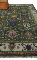 Wool Hand Knotted Custom Made Area Rug Turkish Charcoal Ivory Green Oushak Traditional by The Rug Decor