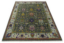 Wool Hand Knotted Custom Made Area Rug Turkish Charcoal Ivory Green Oushak Traditional by The Rug Decor