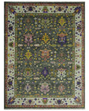 Hand Knotted Charcoal, Ivory and Green Traditional Oushak Custom Made Wool Area Rug