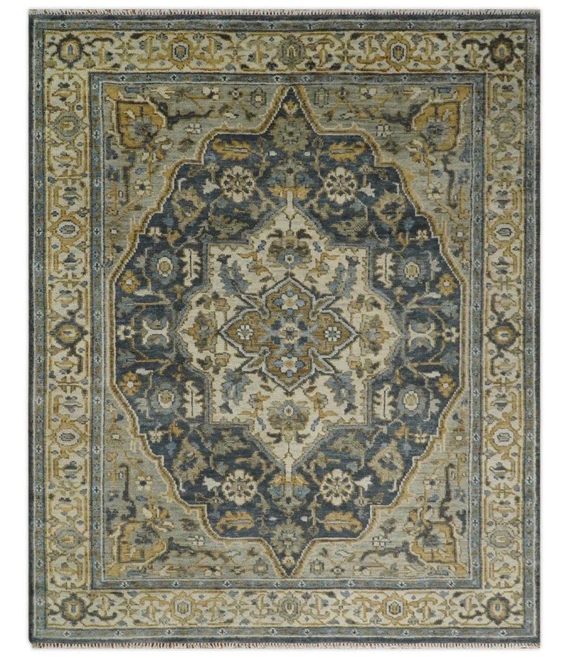 Antique Muted Traditional Heriz Serapi Medallion Blue ,Beige and Brown Hand knotted Custom made wool Area Rug