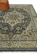 Wool Area Rug Heriz Serapi Hand Knotted Antique Traditional Muted Blue Beige Brown