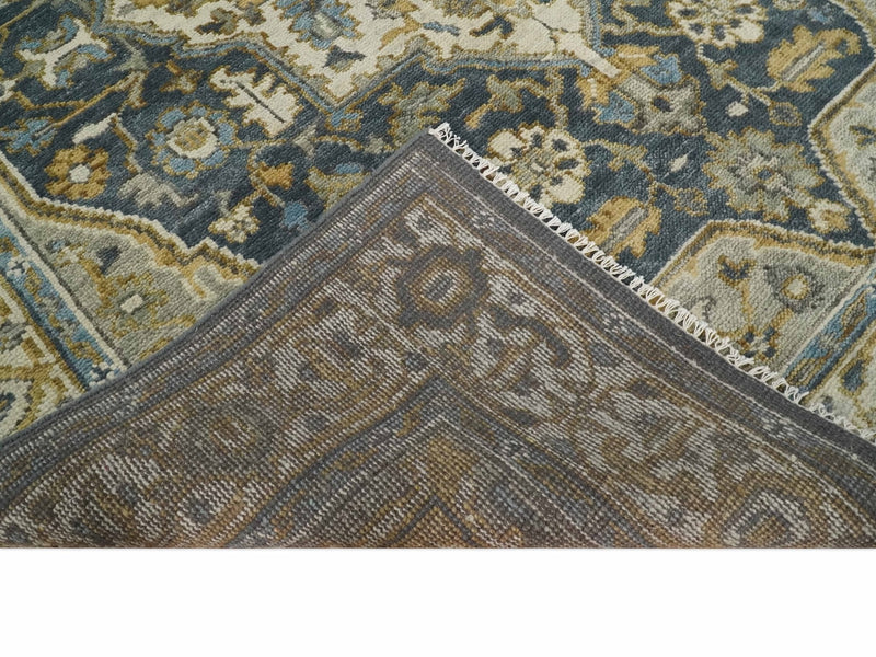 Antique Muted Traditional Heriz Serapi Medallion Blue ,Beige and Brown Hand knotted Custom made wool Area Rug