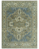 Antique Olive Blue Ivory Heriz Serapi Hand-Knotted Wool Area Rug by The Rug Decor