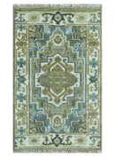 Antique Olive Blue Ivory Heriz Serapi Hand-Knotted Wool Area Rug by The Rug Decor
