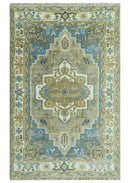 Antique Olive Blue Ivory Heriz Serapi Hand-Knotted Wool Area Rug by The Rug Decor