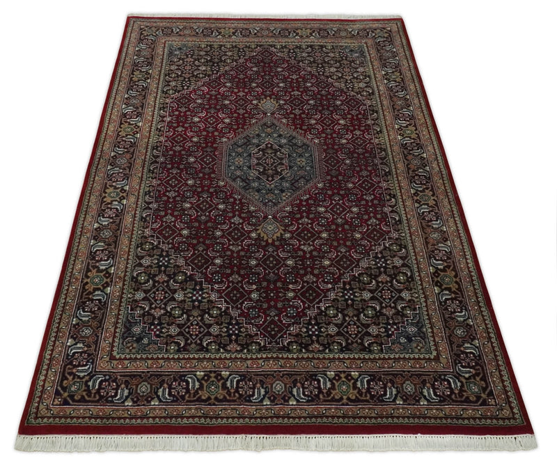 5x7 Antique Persian Hand Knotted Maroon, Black and Blue Traditional Medallion Wool Rug | KNT25