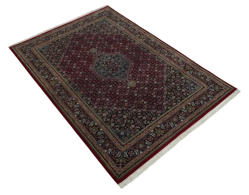 5x7 Antique Persian Hand Knotted Maroon, Black and Blue Traditional Medallion Wool Rug | KNT25