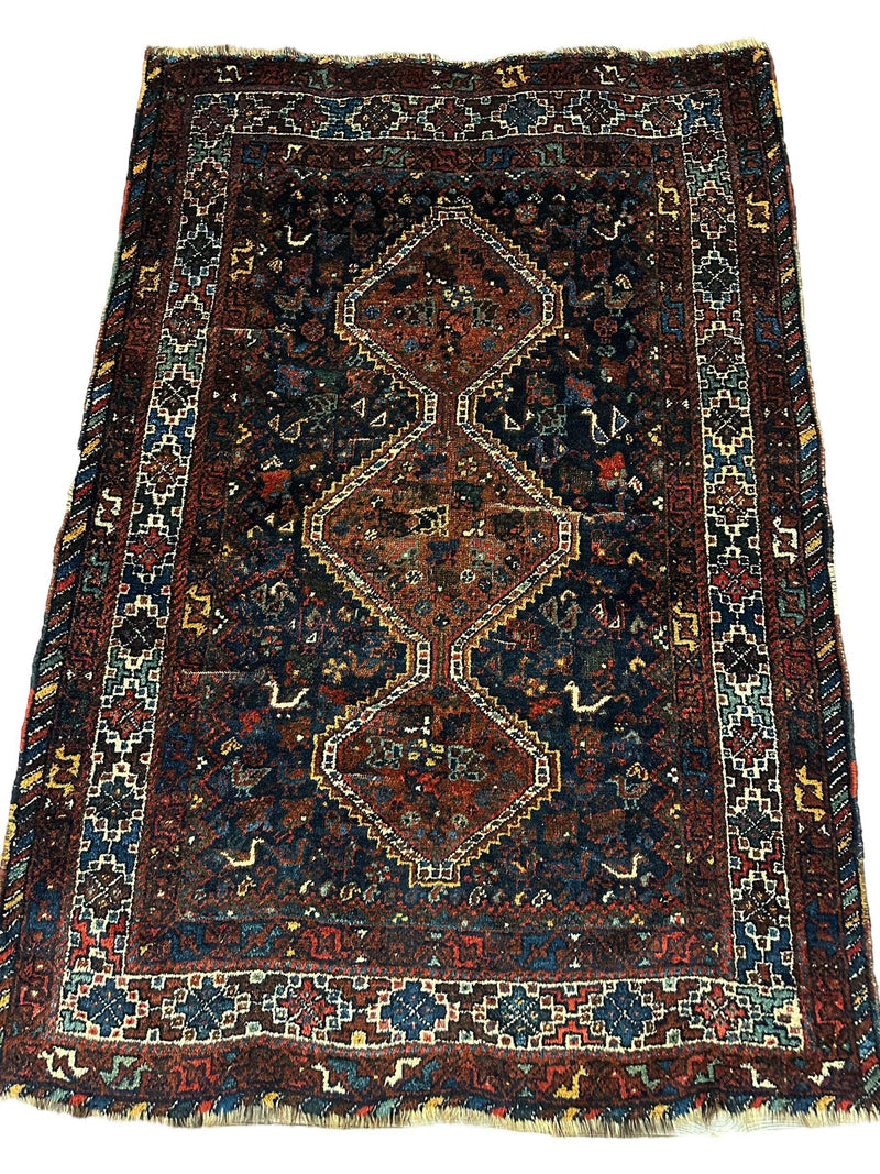 Antique Persian Khamseh Tribal Rug 4' x 5’10”