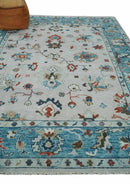 Ivory and Blue Hand-Knotted Traditional Wool Oushak Area Rug - Persian-Inspired Design by The Rug Decor