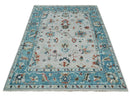 Ivory and Blue Vibrant Colorful Hand knotted Traditional Oushak Multi Size wool Area Rug