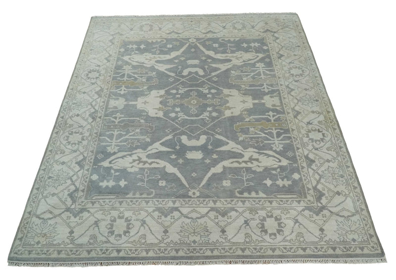 Antique Silver, Ivory and Beige Hand Knotted 8x10 Oriental Oushak Wool Area Rug, Living Room Rug | TRDCP1159810