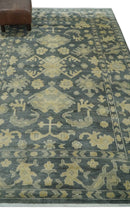 Antique Style 6x9 Hand Knotted Beige and Charcoal Traditional Wool Rug | N35669