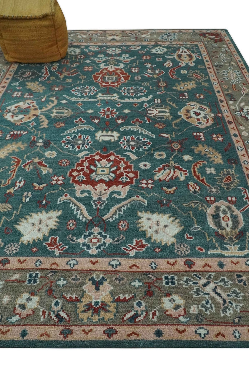 Antique Style Floral Teal, Camel and Brown Hand Knotted Oriental Oushak 8x10 wool Area Rug