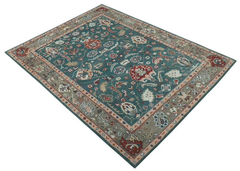 Antique Style Floral Teal, Camel and Brown Hand Knotted Oriental Oushak 8x10 wool Area Rug