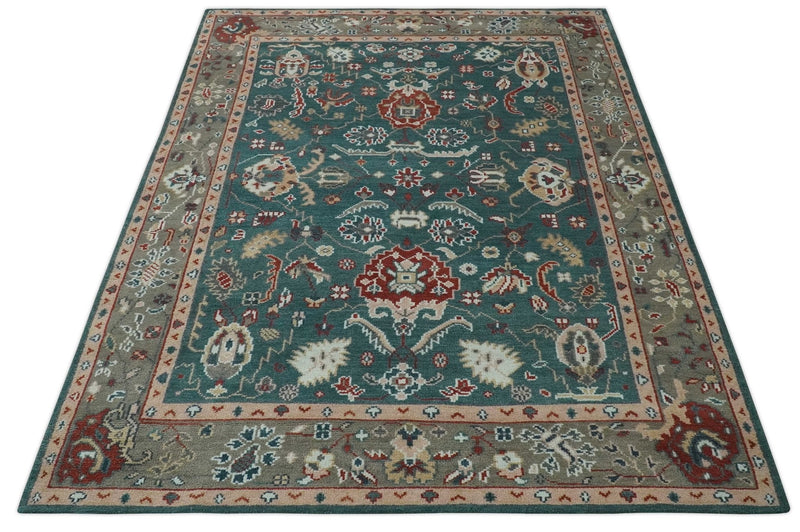 Antique Style Floral Teal, Camel and Brown Hand Knotted Oriental Oushak 8x10 wool Area Rug