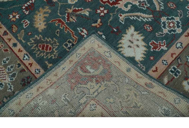 Antique Style Floral Teal, Camel and Brown Hand Knotted Oriental Oushak 8x10 wool Area Rug