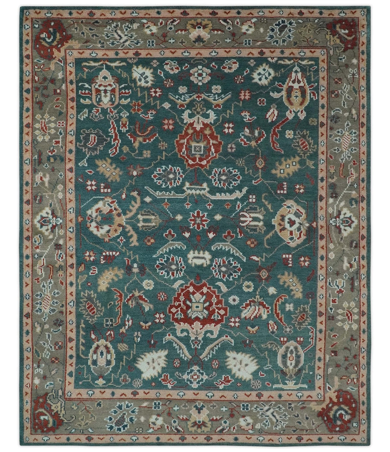 Antique Style Floral Teal, Camel and Brown Hand Knotted Oriental Oushak 8x10 wool Area Rug