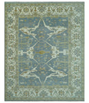 Antique Style Grayish Blue and Ivory Hand Knotted Custom Made Wool Rug
