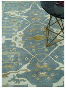 Antique Style Grayish Blue and Ivory Hand Knotted Custom Made Wool Rug