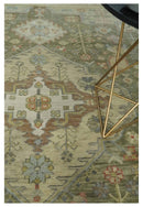 Antique Style Hand Knotted Wool Area Rug in Green Ivory Beige Serapi Design 9x12