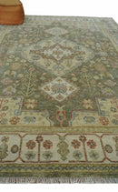 Antique Style Green, Ivory and Beige Hand knotted 9x12 wool Area Rug