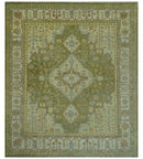 Hand Knotted Heriz Serapi Wool Area Rug in Green Ivory Beige - Antique Persian