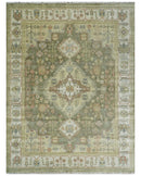 Hand Knotted Heriz Serapi Wool Area Rug in Green Ivory Beige - Antique Persian