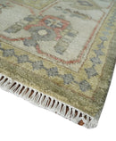 Hand Knotted Heriz Serapi Wool Area Rug in Green Ivory Beige - Antique Persian
