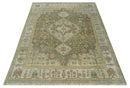 Hand Knotted Heriz Serapi Wool Area Rug in Green Ivory Beige - Antique Persian