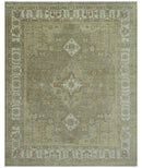 Hand Knotted Heriz Serapi Wool Area Rug in Green Ivory Beige - Antique Persian