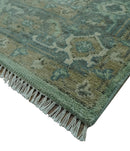 Custom Made Hand Knotted Green and Taupe Traditional wool rug