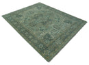 Custom Made Hand Knotted Green and Taupe Traditional wool rug